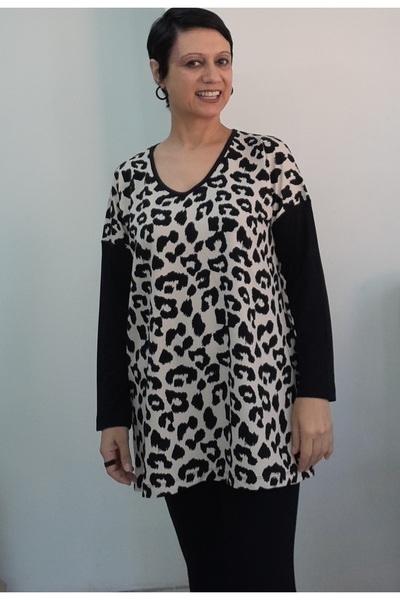 Mertcan Butik V-Neck Cream Beige Black Leopard Print Low Sleeve Two-Thread Combed Cotton Long-Sleeved T-Shirt