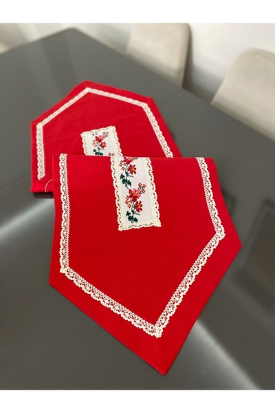 Parla Life Kırmızı Kanaviçe İşleme Duck Keten Runner (kanaviçe işleme değişme...