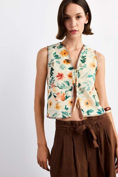 DeFacto New Season Fitted Floral Patterned Front Tie Poplin Vest