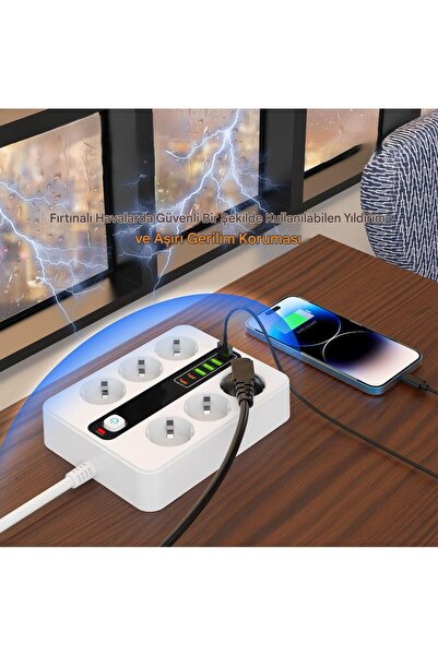 asua 6'LI Grup Priz 4XUSB 2XType-C Çıkışlı Isıya Dayanıklı Power Tuşlu 2 MT K...