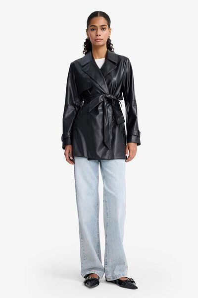 DeFacto New Season Regular Fit Belted Pocket Faux Leather Short Trench Coat