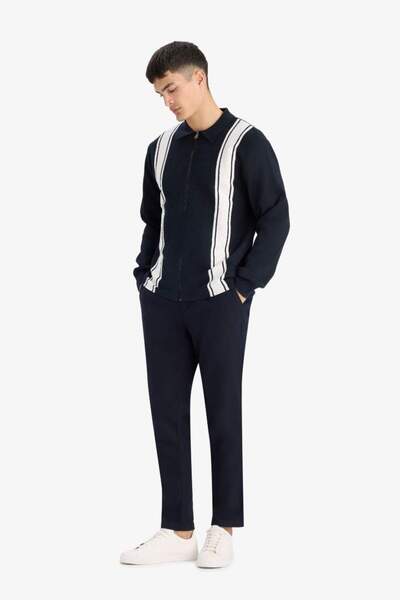 DeFacto New Season Standard Fit Polo Neck Zippered Striped Knitwear Cardigan
