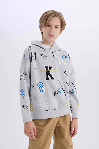 DeFacto Oversize Wide Fit Hooded Patterned Light Blue Boys' Sweatshirt D7118A...