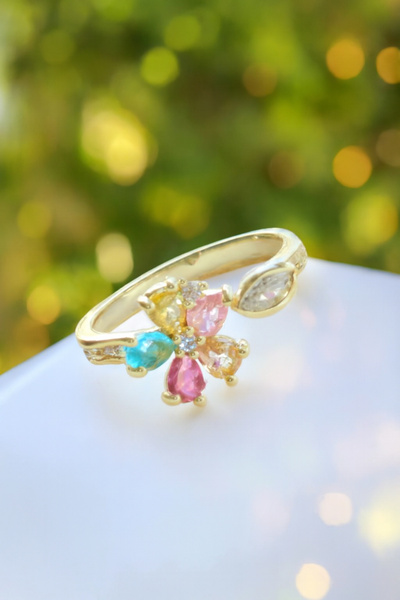 AURRARİ Gold Renkli Damla Taşlı Papatya Çelik Yüzük