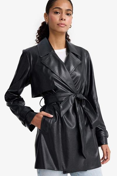 DeFacto New Season Regular Fit Belted Pocket Faux Leather Short Trench Coat