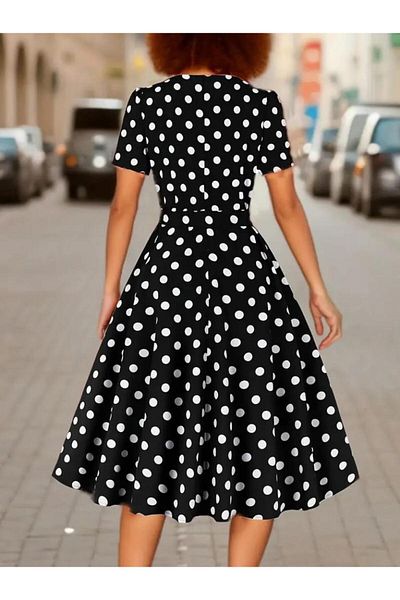 modamtn Women's Short Sleeve Geometric Collar Polka Dot Kiloş Midi Single Jersey Dress