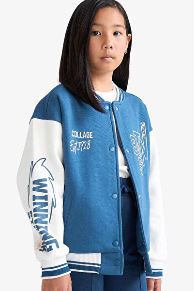 DeFacto College Collar Printed Bomber Dark Blue Girl's Cardigan F1985A8/Be376