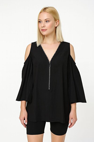 Nihal Eren Butik Omzu Açık Fermuarı Taş Detaylı Yarasa Kol Şık Gömlek