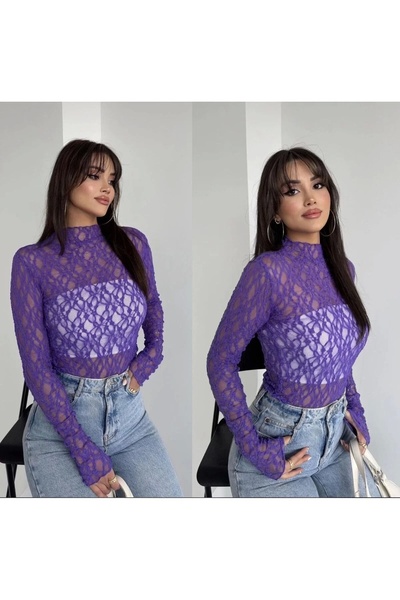 bysoca Bluză de damă mov cu jumătate de gât cu mânecă lungă din tul din dantelă