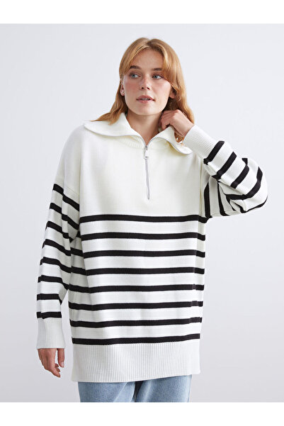 LC Waikiki Black Stand Collar Striped Women's Knitwear Tunic