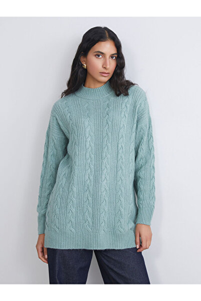 LC Waikiki Green Stand Collar Self Patterned Women's Knitwear Tunic