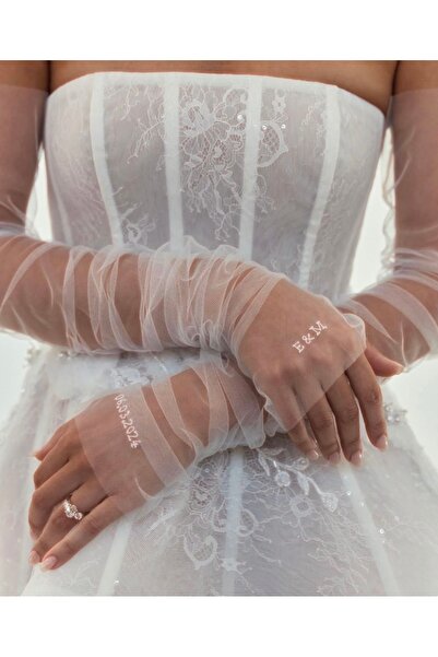 VENÜS MODA by Pınar Mănuși de tul cu broderie cu litere, mănuși de mireasă