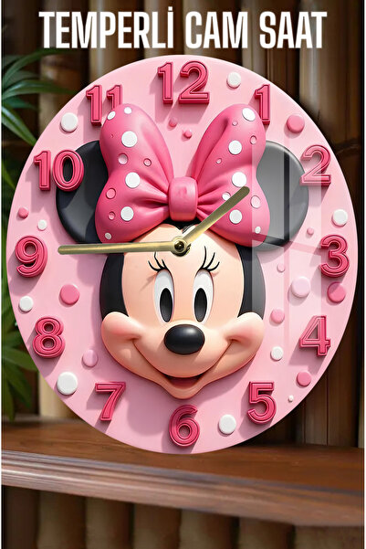 kutuTR Minnie Mouse Pembe 3D Görünümlü Temperli Cam Saat – 33 cm CSDW235