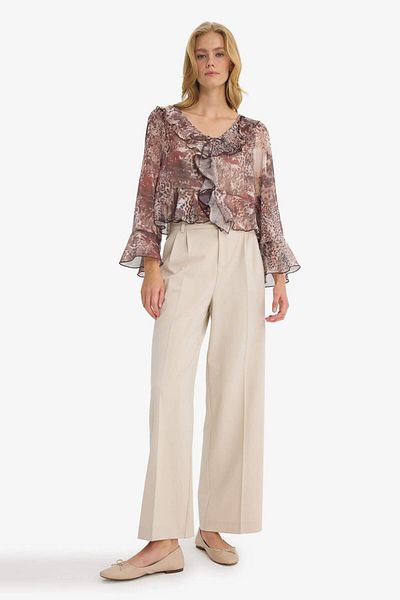 DeFacto Regular Fit V Neck Patterned Front Tie Flounced Chiffon Long Sleeve Blouse G0263Ax25Au