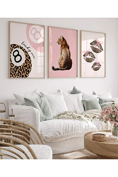 512 STORE 3'lü Leopar Bilardo Topu Kiss Kurdele Çerçevesiz Tasarım Poster Ev Dekor Ofis Modern Estetik Tasarım