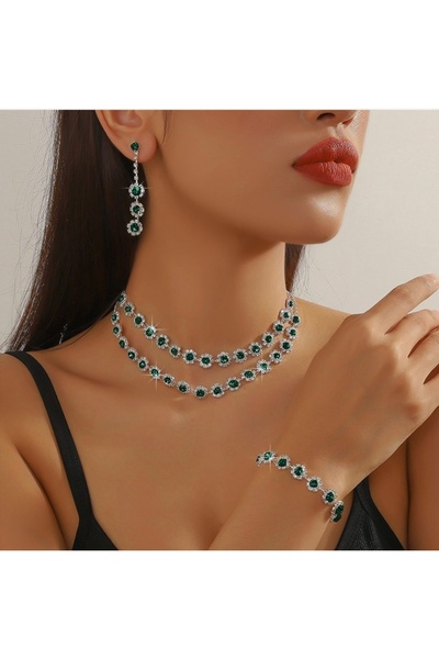 Renkada Gumüs Kaplama Prenses Yeşil Kolye, Kupe Ve Bileklik Seti 3 lü Set Dav...