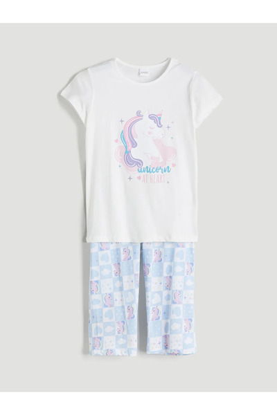 LC Waikiki LCW KidsBeyaz Bisiklet Yaka Kız Çocuk Kaprili Pijama Takımı