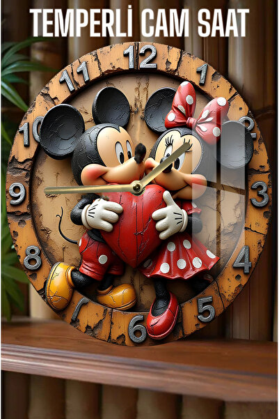 kutuTR Mickey & Minnie Aşk Temalı 3D Görünümlü Temperli Cam Saat – 33 cm CSDW232