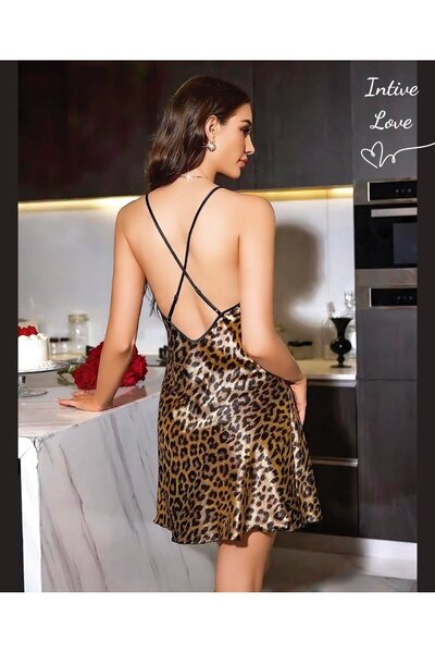 İntive Lingerie Intive Leopard Print Cross Strap Back Low-Cut V-Neck Mini Nightdress