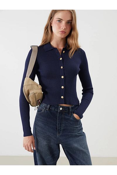 LC Waikiki Navy Blue Polo Collar Women's Knitwear Cardigan