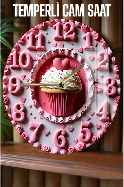 kutuTR Cupcake & Kalpli Pembe 3D Görünümlü Temperli Cam Saat – 33 cm CSDW238