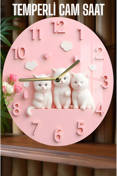 kutuTR Sevimli Kedi Tasarımlı 3D Görünümlü Temperli Cam Saat – 33 cm CSDW259