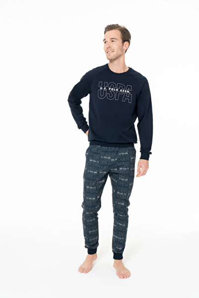 U.S. Polo Assn. Erkek Pijama Takımı, Cepli, %100 Pamuk, Uzun Kol, Bisiklet Yaka, Kol ve Paça Lastikli, USPA Baskılı