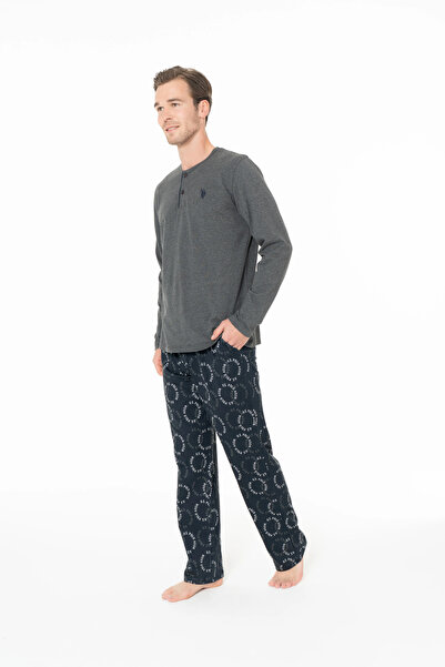 U.S. Polo Assn. Чоловічий піжамний комплект, з кишенями, довгими рукавами, коміром на ґудзиках, антрацитовий