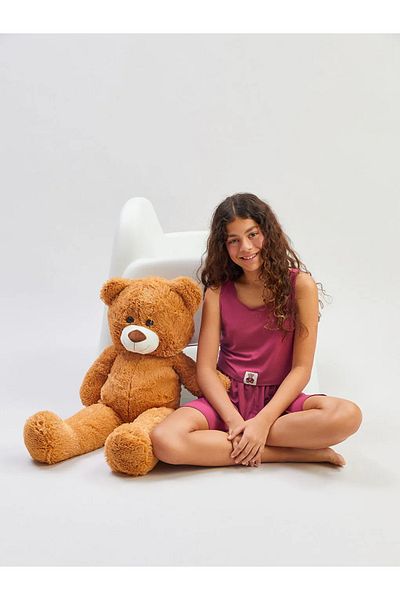LC Waikiki Lcw Kidsburgundy U-Neck Bear Teddy Printed Girls' Shorts Pajamas Set