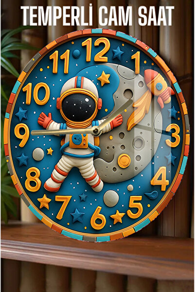 kutuTR Astronot ve Uzay Temalı 3D Görünümlü Temperli Cam Saat – 33 cm CSDW239