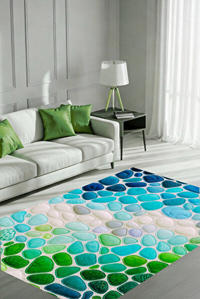 The Reef Design Mavi Yeşil Taş Görünümlü Patchwork Halı Dijital Baskı Dokuma ...