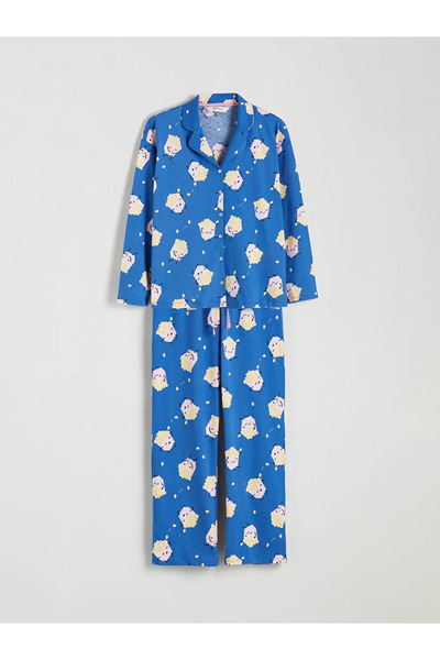 LC Waikiki LCW YoungMavi Gömlek Yaka Baskılı Kadın Pijama Takımı