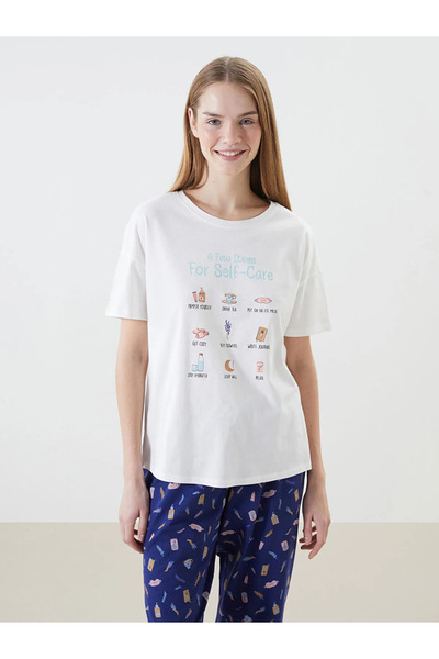 LC Waikiki Lcw Dreamnavy Blue Crew Neck Printed Women's Capri Pajama Set