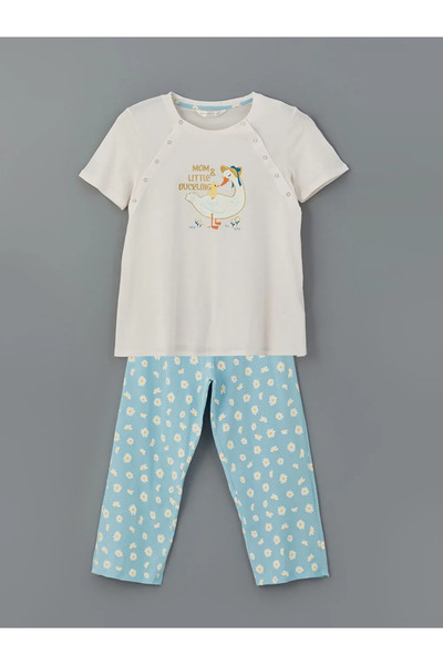 LC Waikiki Lcw Dreamblue Crew Neck Printed Maternity Capri Pajama Set