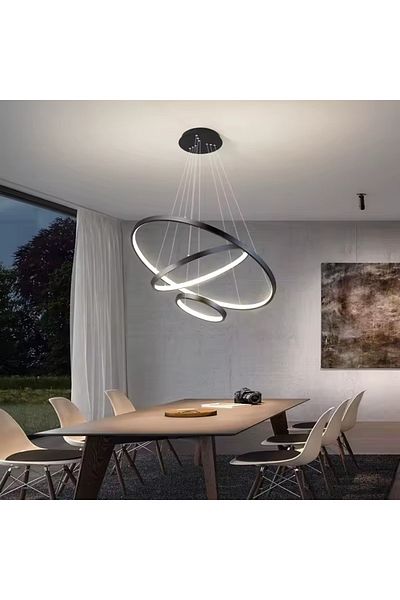 Nerfa ✨ Three-ring LED chandelier - black frame and elegant three-color lighting