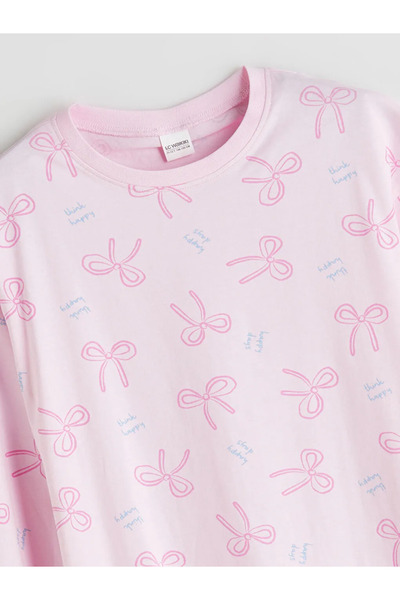 LC Waikiki LCW KidsPembe Bisiklet Yaka Fiyonk Desenli Kız Çocuk Pijama Takımı