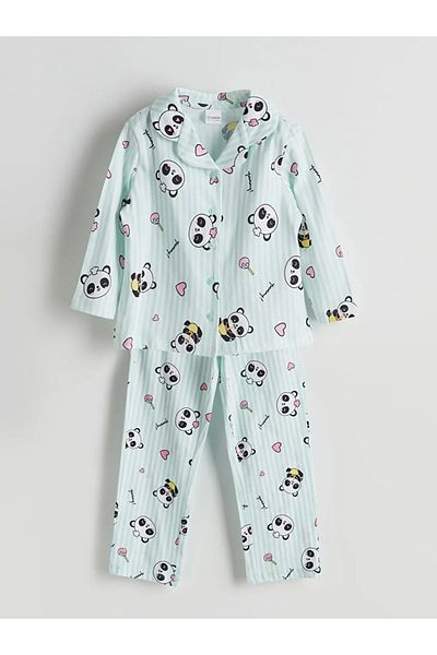 LC Waikiki Lcw Kidsturquoise Printed Combed Cotton Girls Pajamas Suit