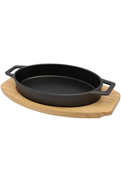 cc bin shihon Oval Cast Iron Skillet 24 cm x 15 cm with Side Handles and Wooden Base | Oven Safe Grill Pan