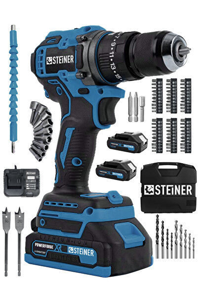 STEİNER 21v Çift Akü Kömürsüz Motor Çelik Mandren Darbeli Akülü Vidalama Şarjlı Matkap (84 Parça Usta Set)