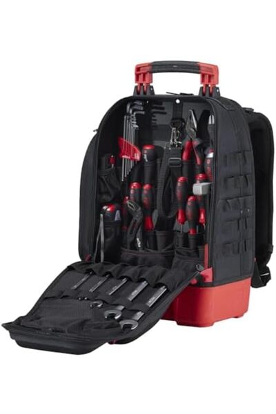wiha Mechanic's Tool Backpack with 43 Pieces of Essential Tools, Sturdy Stand, Laptop Slot, and Accessory