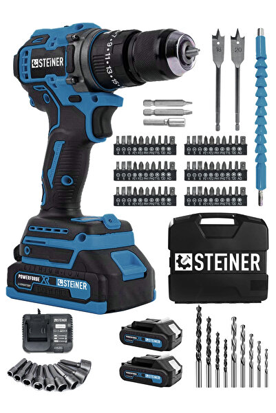 STEİNER 21v Çift Akü Kömürsüz Motor Çelik Mandren Darbeli Akülü Vidalama Şarjlı Matkap (84 Parça Usta Set)