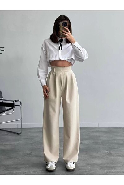 bysoca Kadın Krem Yüksek Bel Cırtlı Beli Ayarlanabilir Rahat Bol Paça Palazzo Kumaş Pantolon