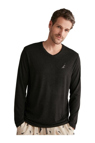 YUYİ Nautlca V-Neck Soft Textured Fabric Long Sleeve Men's Pajama Set