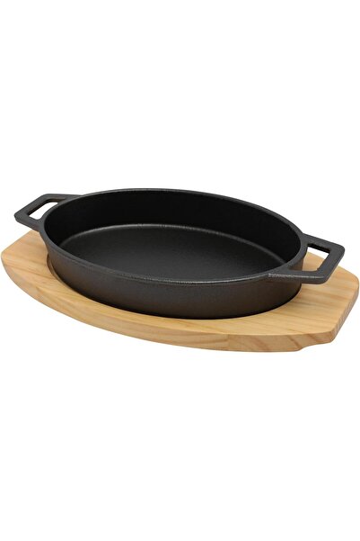 cc bin shihon Oval Cast Iron Skillet 24 cm x 15 cm with Side Handles and Wooden Base | Oven Safe Grill Pan