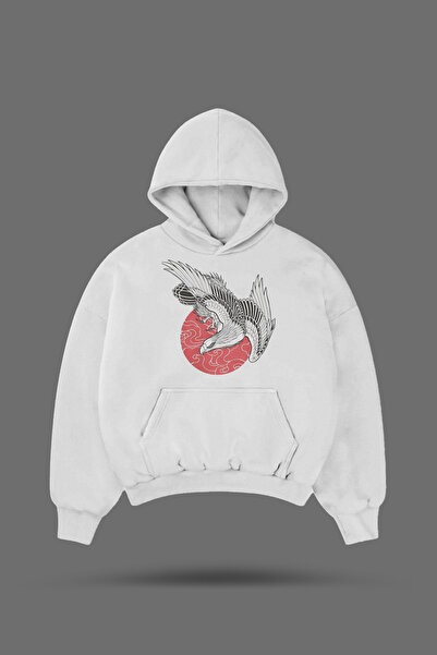 EVIus Hanorac bej cu glugă imprimat cu desen japonez Eagle oversize