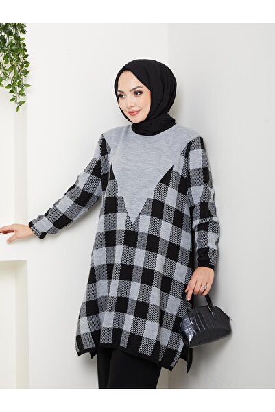 FATELLA Women's Modest Hijab Checkered Pattern Long Sleeve Knitwear Tunic