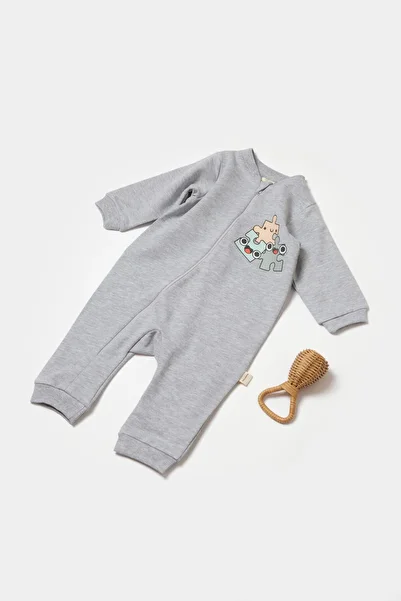 Magu Unisex Baby Cotton Gray Puzzle Patterned Jumpsuit