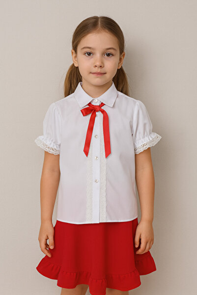 nacar çarşı Kız Çocuk Beyaz Kısa Kollu Dantel Detaylı Kırmızı Kurdeleli Gömle...