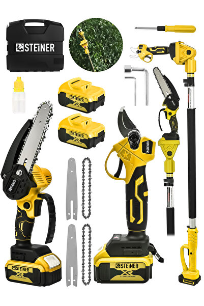 STEİNER Profesyonel 2'li Set 21v Çift Akülü 2 Metre Teleskopik Kollu Bağ Makası Ve Budama Testeresi Makinesi