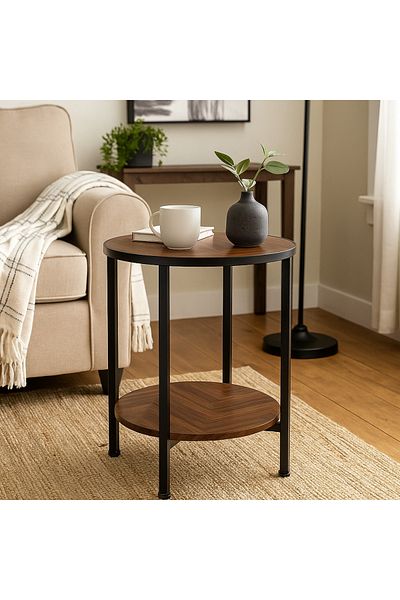 Vi Markets Round wood serving table - black iron bases and edges